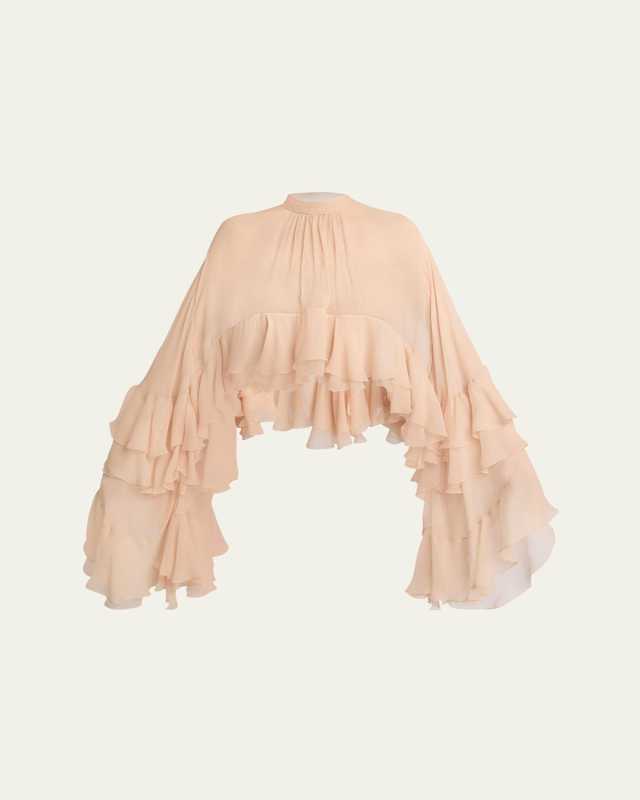 Ruffled Mock Neck High Low Silk Top